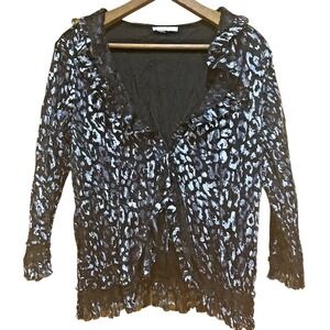Alberto Makali‎ Black Animal Print Tie Blouse Ruffle Sequin Size M Fairy Witchy